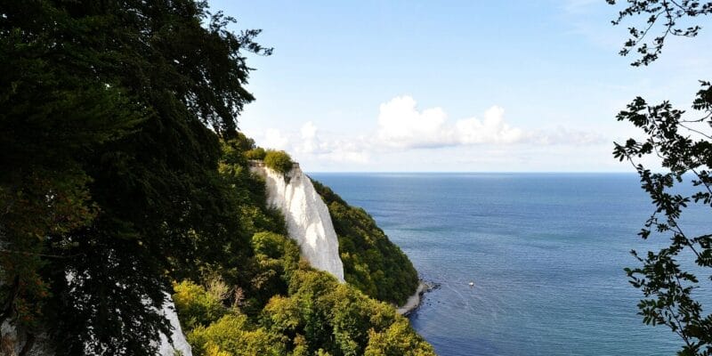 Königsstuhl Malerischer Blick auf den majestätischen Königsstuhl, dessen weiße Kreidefelsen auf ein ruhiges, blaues Meer blicken. Üppige grüne Bäume rahmen die Klippen und das Meer ein, während ein klarer blauer Himmel mit ein paar Wolken diese ruhige Landschaft vervollständigt.