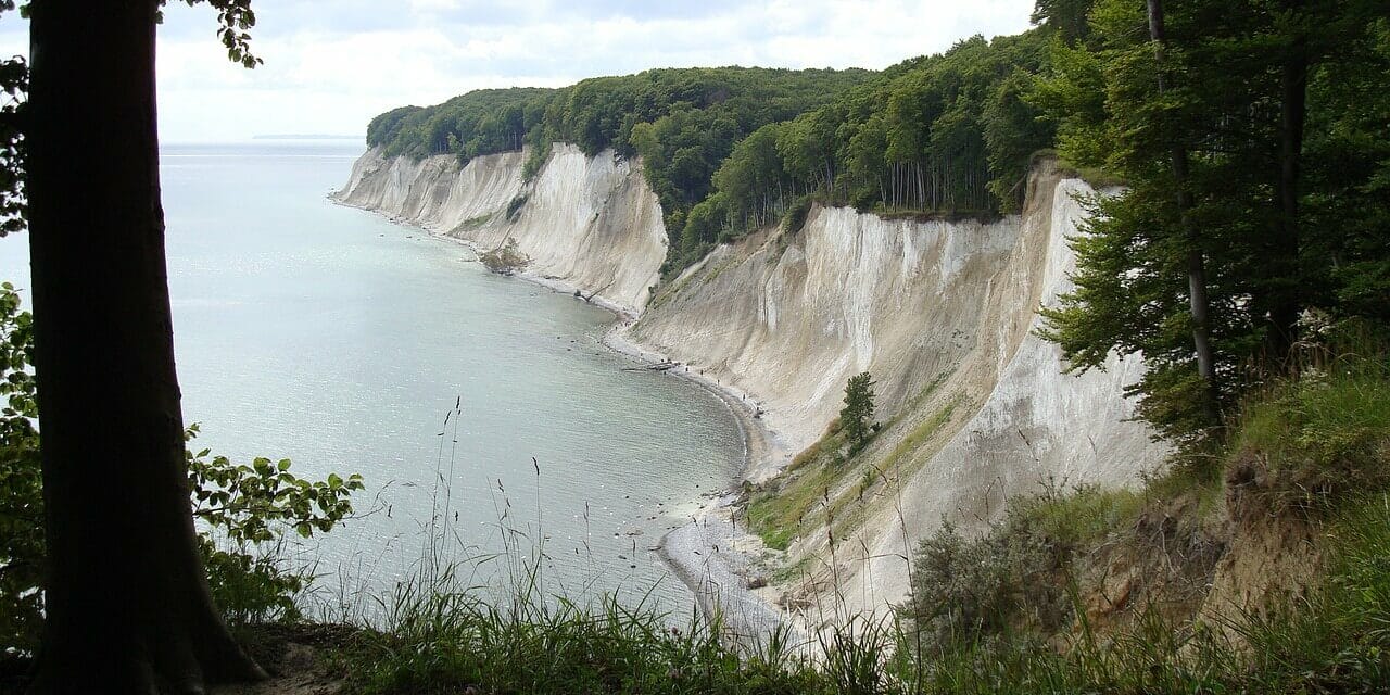 Ein malerischer Blick auf den Königsstuhl auf Rügen offenbart dramatische weiße Kreidefelsen entlang der Küste, gesäumt von üppigen grünen Wäldern. Diese majestätischen Klippen fallen unter einem teilweise bewölkten Himmel steil ins ruhige Meer ab, während Gras und Bäume den Vordergrund wunderschön einrahmen.