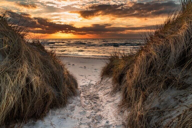Strände in Mecklenburg-Vorpommern Ein schmaler Sandweg schlängelt sich durch grasbewachsene Dünen zu einem Strand im Sonnenuntergang, der an die ruhigen Strände in Mecklenburg-Vorpommern erinnert. Die Sonne geht über dem Meer unter und wirft warme orangefarbene und goldene Farbtöne in den Himmel und auf die Wolken, während die Wellen sanft das Ufer berühren.