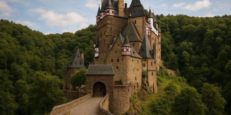 Märchenhafte Burg auf bewaldetem Hügel mit Türmen und Steinbrücke. Märchenhafte Burg auf bewaldetem Hügel mit Türmen und Steinbrücke.